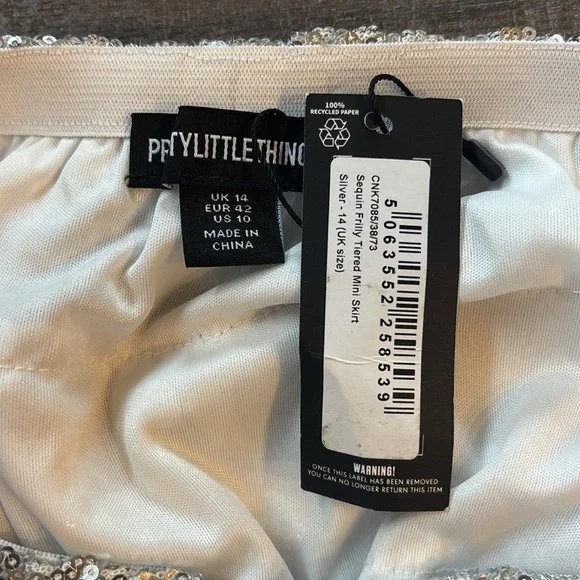 PrettyLittleThing Silver Sequin Frilly Tiered Mini Skirt Size 10 - Picture 3 of 5